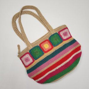 The Sak Crochet Purse Granny Square Woven Rainbow Striped Shoulder Bag Boho